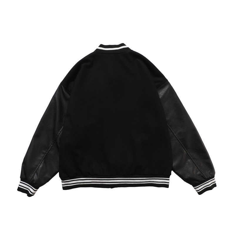 Hip Hop Baseball Jacket Men Furry Bone Letter Patch Color Leather Sleeve College Style Streetwear Harajuku Bomber Jacket Coat 210818