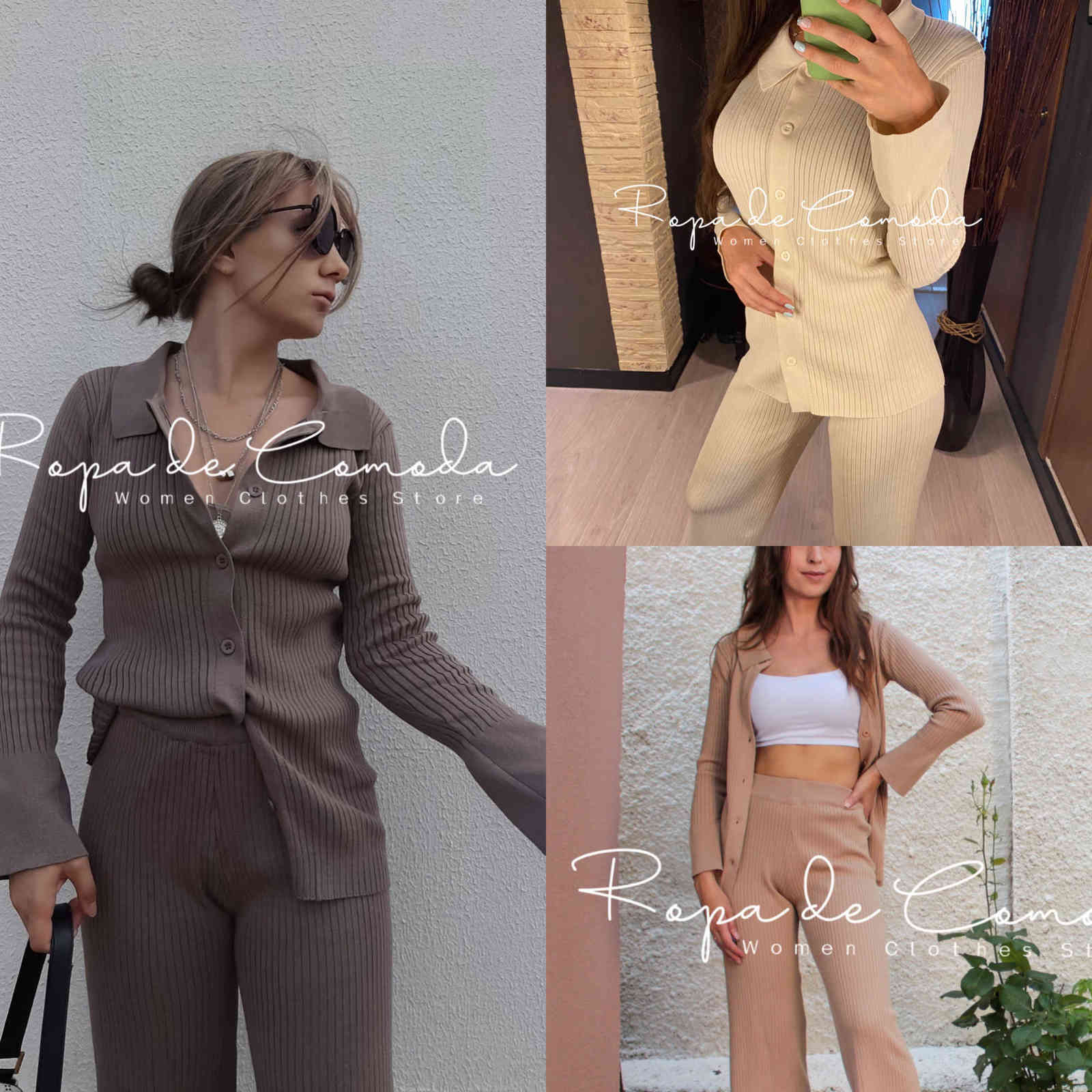 Sweater Solid Color Suits Women Matching Sets Oversize Fleece Pants Roll Collar Knitted Top Flare sleeve Spring Summer 211007