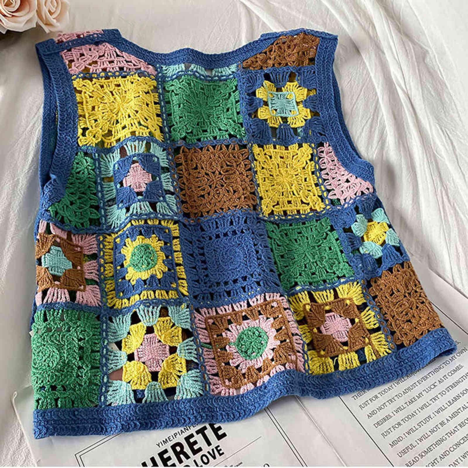 Bohemian Floral Embroidery Crochet Vest Women Sleeveless Waistcoat Summer Knit Vests Crop Top Vintage Chaleco Mujer 211120
