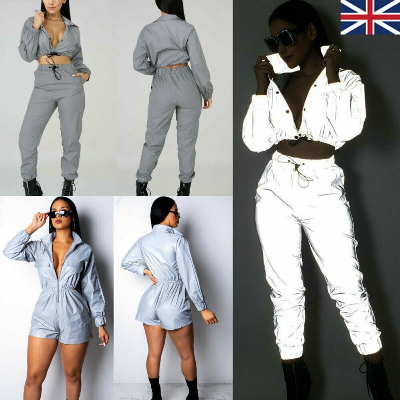 Women 2 Pieces Crop Tops Pants Sets Outfits Autumn Reflective Outfits Ladies Suits Set Classy Streetwear