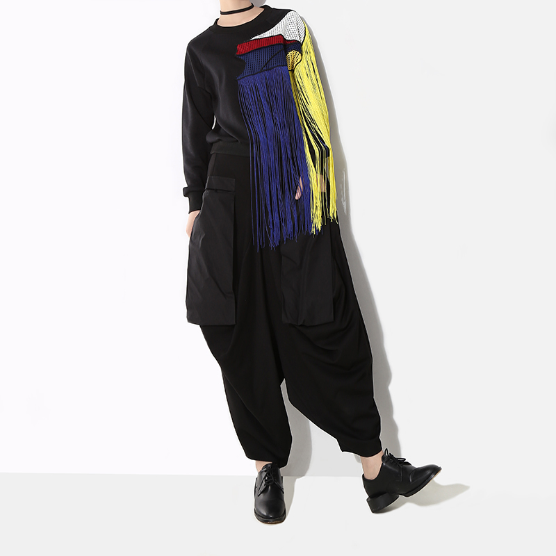 New Korean Style Woman Autumn Winter Black Casual Pullovers Sweatshirt With Fringes Ladies Casual Unique Sweatshirts 3961 201106