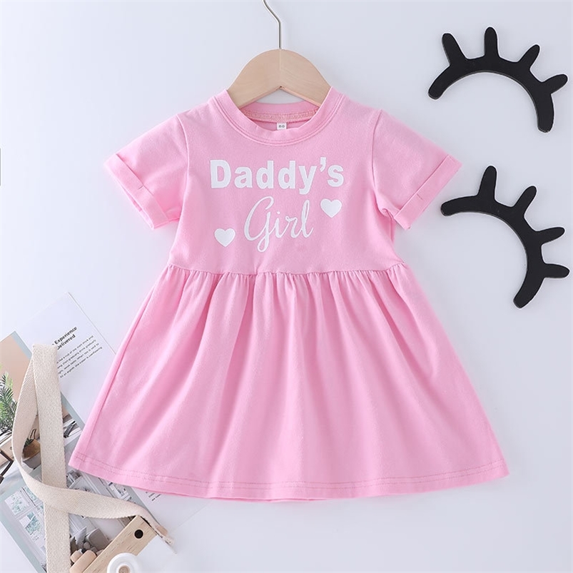 

Summer Girls Dress Cute Short Sleeve O Neck Print Heart Letter Pink Girl Vestidos 12M-5T 210629