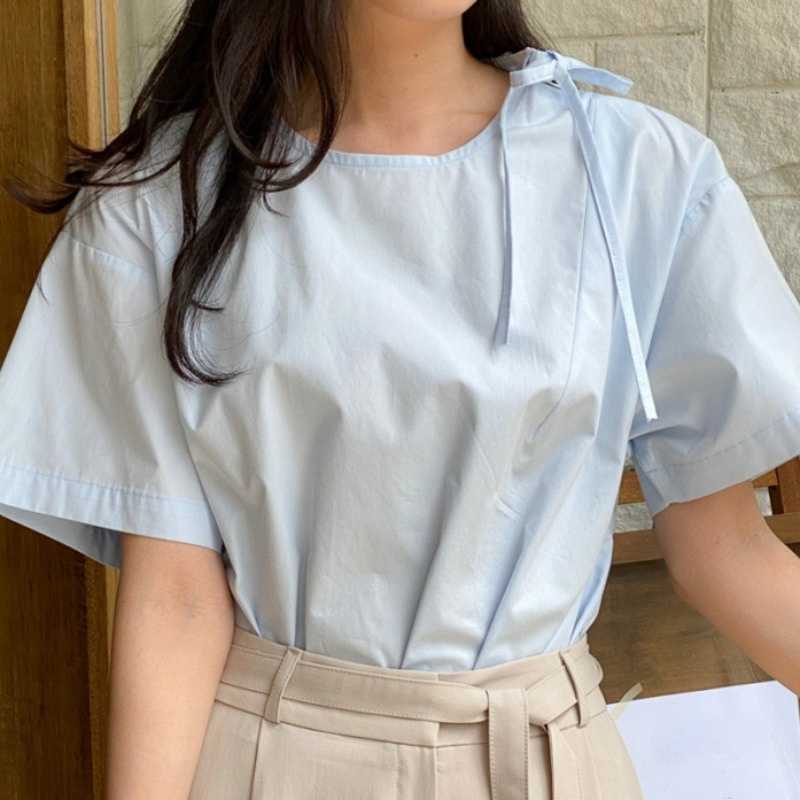 Sweet Bow Tie O-neck Women Blouses Causal Short Sleeve Korean Shirts Summer Fashion Blusas De Mujer 6J028 210603