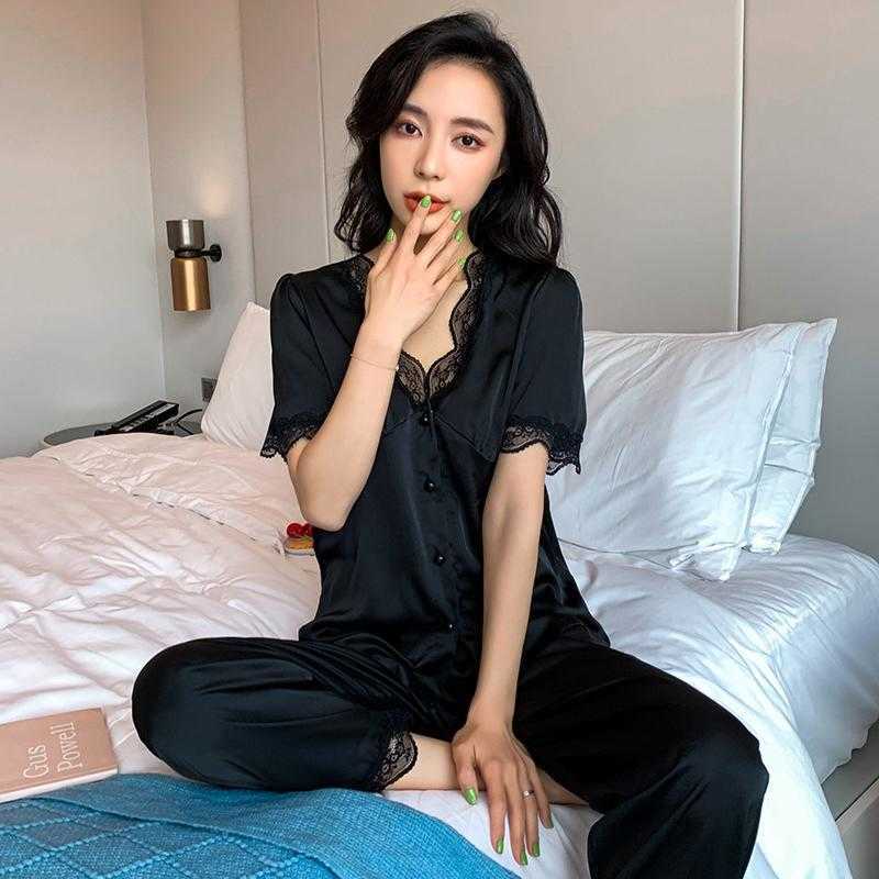 Summer Pajamas Set Women Satin Lounge Wear Sleepwear Casual Shirt&Pants Intimate Lingerie Soft Pyjamas Home Clothes Q0706