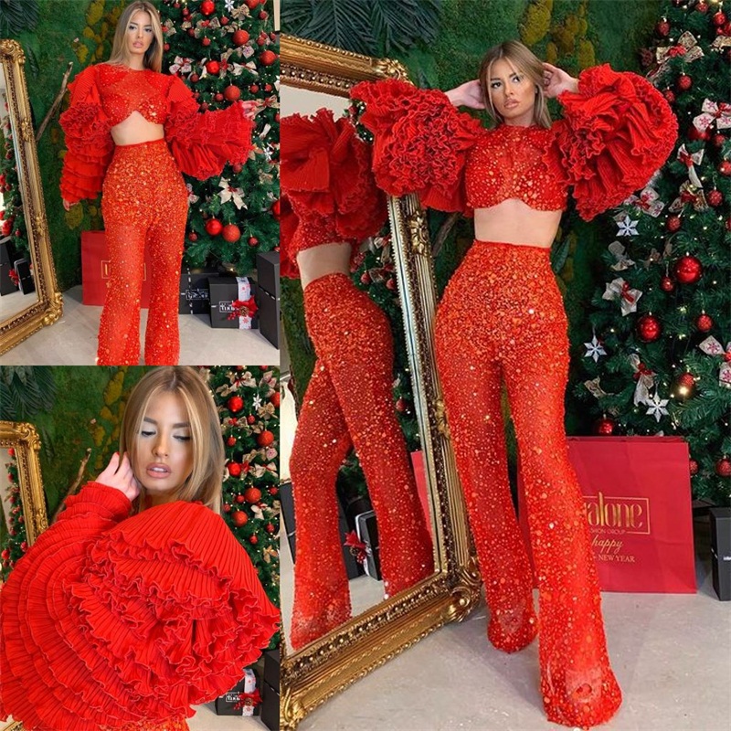 Two Pieces Fashion Evening Dresses Glitter Sequins Ruffles Long Sleeves Prom Gowns Custom Made Plus Size Robe de mariée