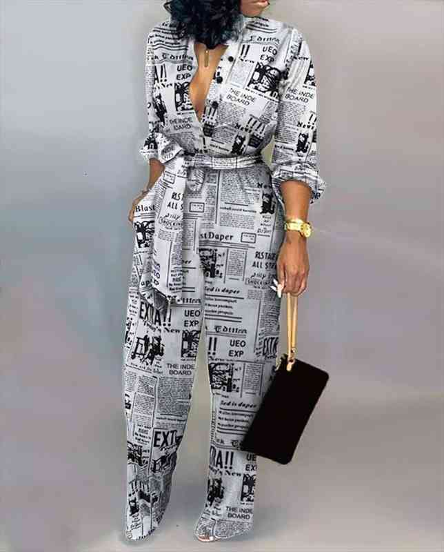 women jumpsuit headline print tied waist rompers long sleeve v-neck one piece overalls streetwear, Black;white
women jumpsuit headline print tied waist rompers long sleeve v-neck one piece overalls streetwear, Black;white