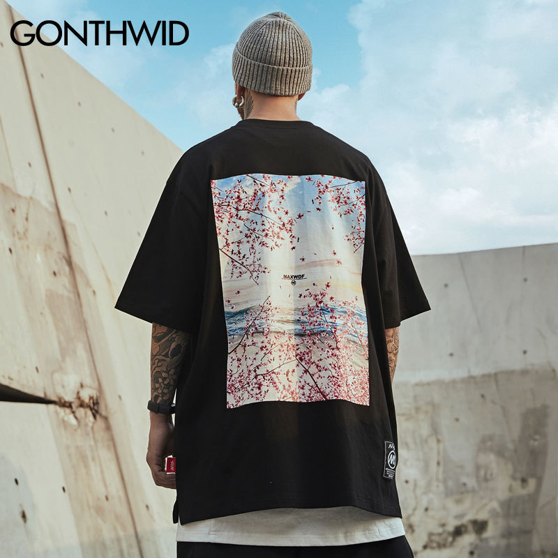 GONTHWID Natural Flowers Landscape Print Streetwear Tshirts Hip Hop Harajuku Casual Tops Tees Men Fashion Short Sleeve Shirts 210225