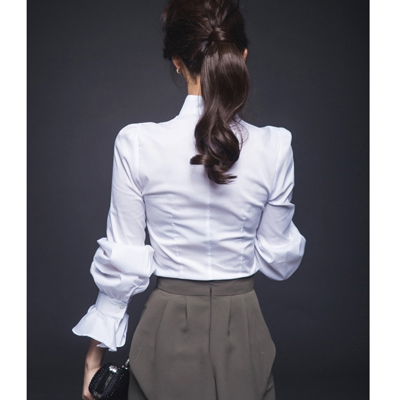 Slim Ruffles White Women Shirts Chiffon Flare Sleeve Blouse Female Blusas Lady Undershirt Tops Women Clothes RWS175021 210225