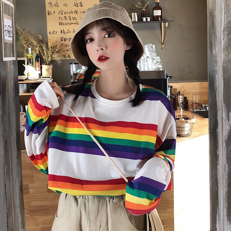Tee Shirt Woman SAutumn Tops Korean Ulzzang Harajuku Rainbow Striped Tshirt For Women Long Sleeve Tshirt Female Casual Clothing T200614