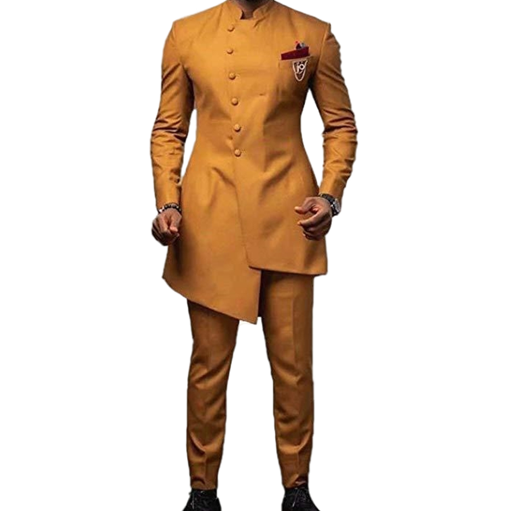 Vintage Arabic Mens Suits Gold Wedding Tuxedos Two Pieces High Neck Groom Formal Wear Party Prom Evening Blazer Jacket+Pants Trim Fit Men Suit