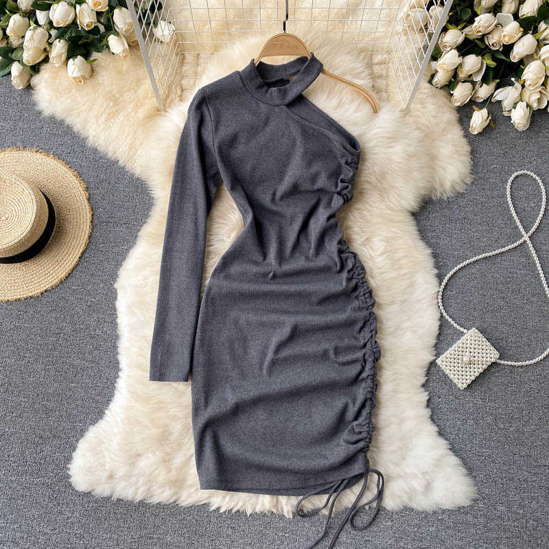 DEAT Women Single Side Long Sleeve Drawstring Dress Round Neck Short Sleeve Arrivals Lady Fashion Spring Summer 11D 210709