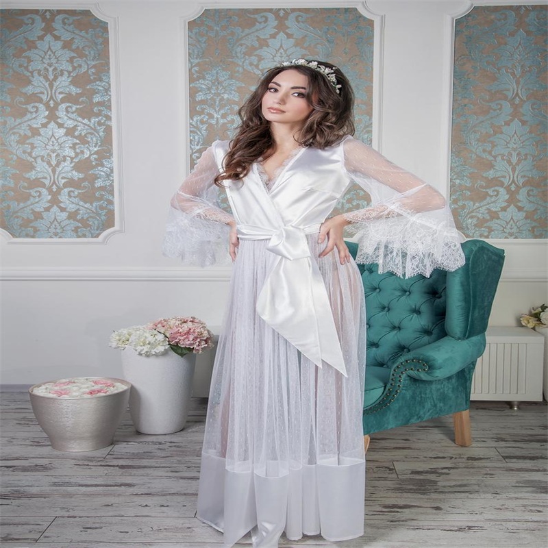 White Bride Sleepwear Robes With Belt Hot Sale Sexy V Neck Long Sleeve Custom Made Soft Silk Satin Lace Women Sleepwear Pajamas Dresses