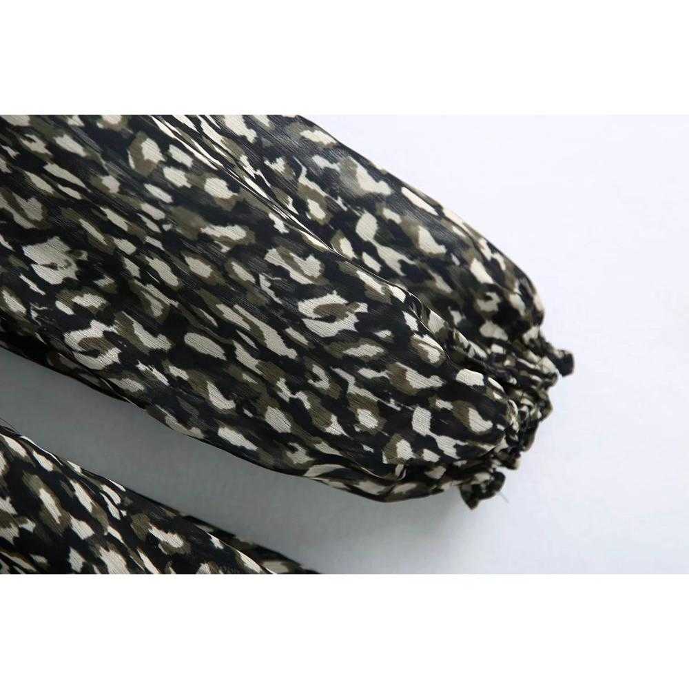 Women Dress Animal Printed V-neck Long Sleeves Smocked Elastic Waist Ruffle trims Mini Dress vestidos femme robe 210709