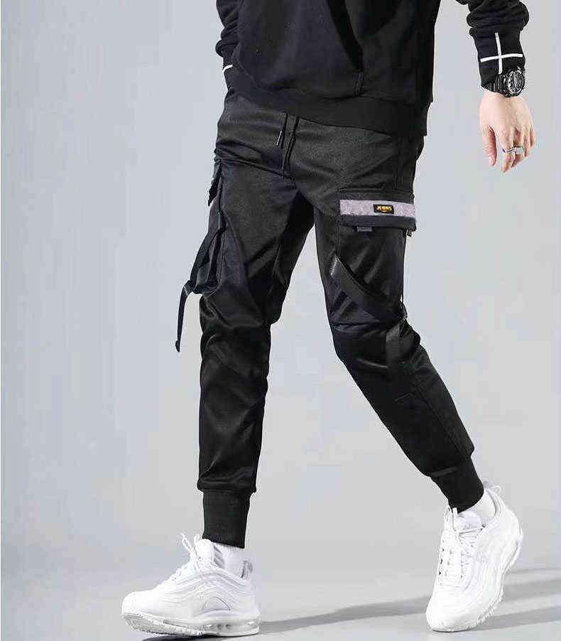 Men Cargo Pants Black Ribbons Block Multi-Pocket Harem Joggers Harajuku Sweatpant Hip Hop Casual Male Trousers 211112