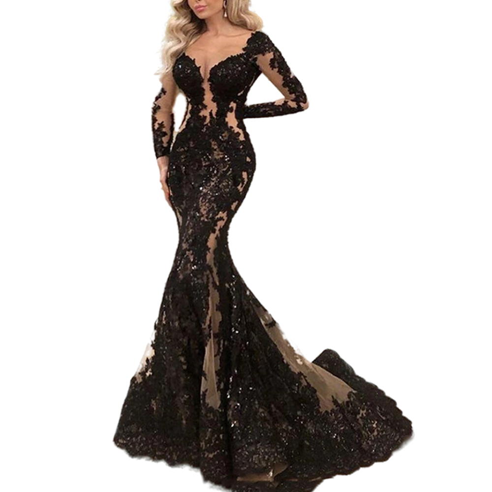 Aso Ebi Arabic Dubai Black Lace Mermaid Formal Evening Dresses 2022 Full Sleeves Appliques Beads Illusion Long Celebrity Party Gowns Prom Dress Specia