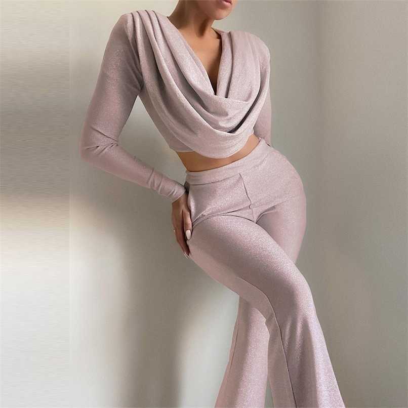 Glitter Draping Long Sleeve Top and Pants Two Piece Set Arrival Pink 2 PIece Set Women Autumn Sexy Club Party Outfits 211116