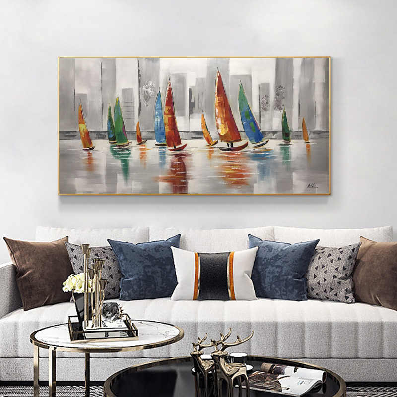 Oil Painting On Canvas Boat On the Sea Pictures Canvas Prints Wall Art For Living Room Decoration Landscape Posters