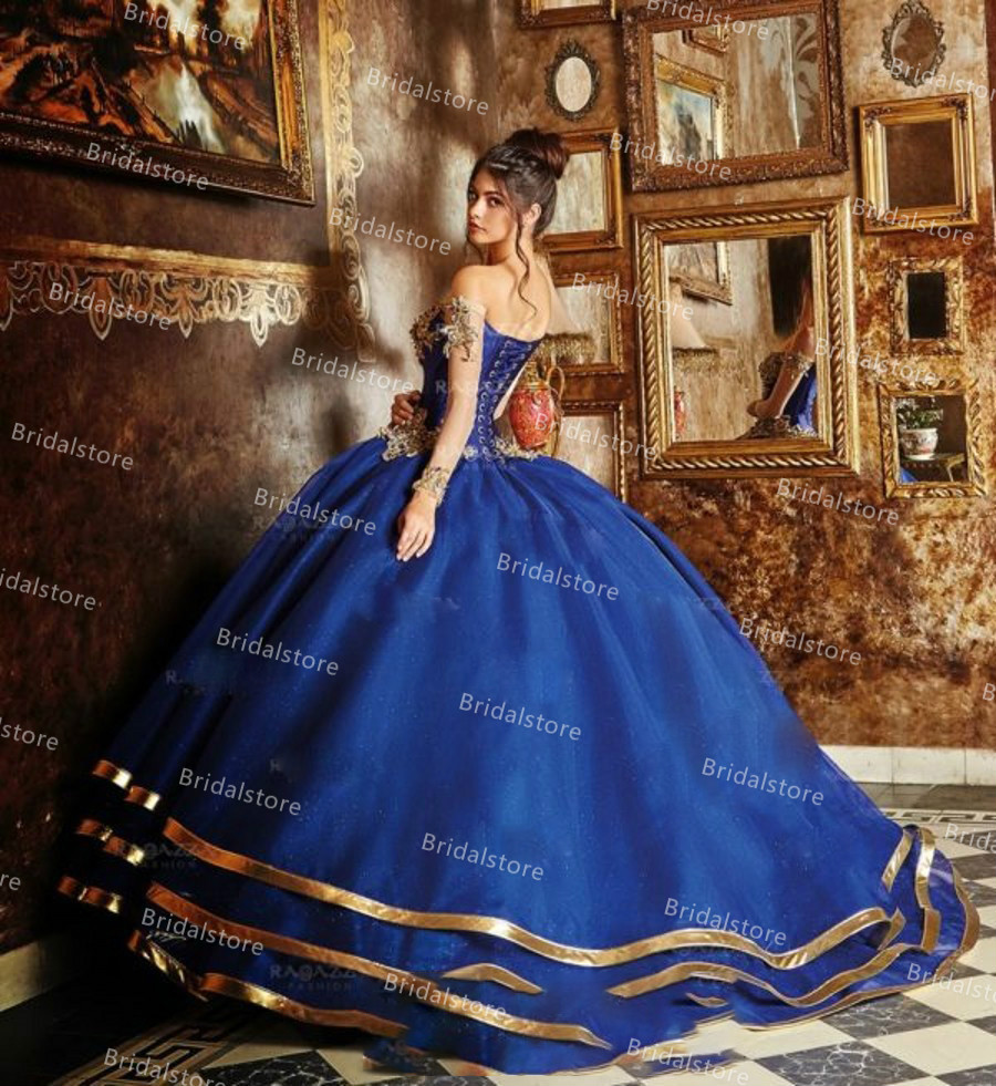 Vintage Blue Mexican Quinceanera Dresses With Crystal Lace Princess Ball Gown Sweet 15 Dress 2021 Tiered Gold Corset Prom Dance Gowns Robes De Soirée