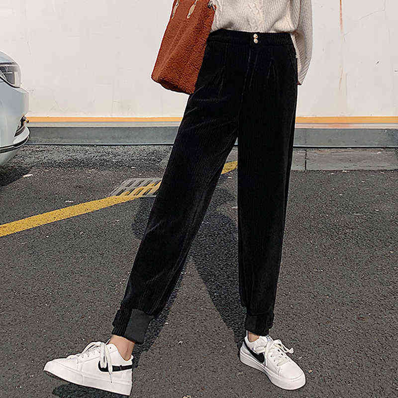 JMPRS Winter Corduroy Pants Women Thick Warm Plus Size Fashion Zipper Elastic High Waist Pencil Pant Causal Loose Baggy Trousers 211115