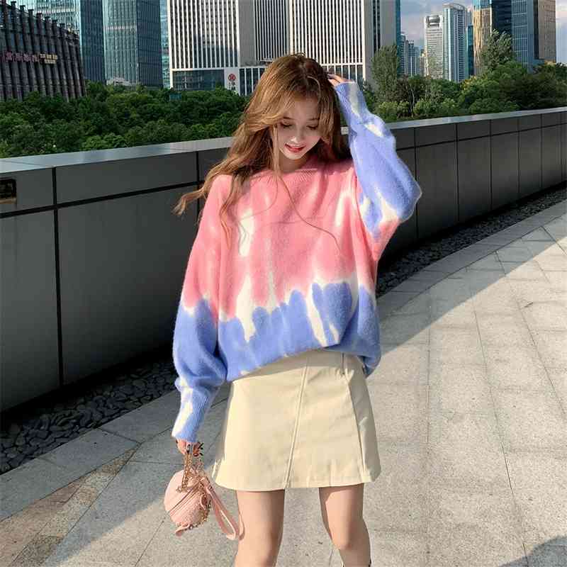 H.SA Korean Fashion Pink Sweater Tie Dye Jumper and Pullovers Patchwork Casual Knitwear Pull Jumpers Kawaii Christmas 210716