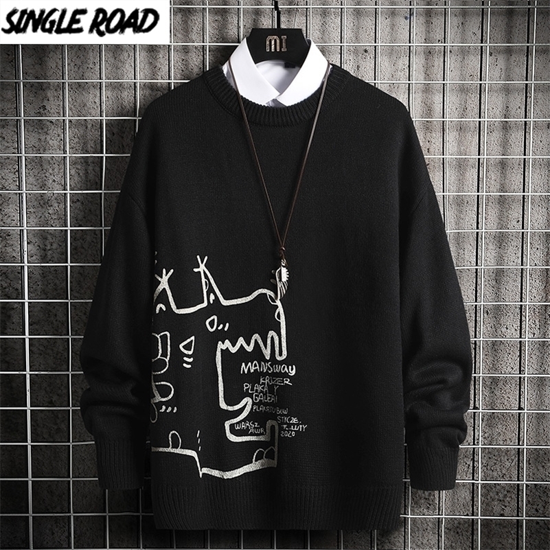 SingleRoad Mens Knitted Sweater Men Winter Anime Printed Harajuku Jumper Oversized Korean Style Pullovers White Sweater Men 201022