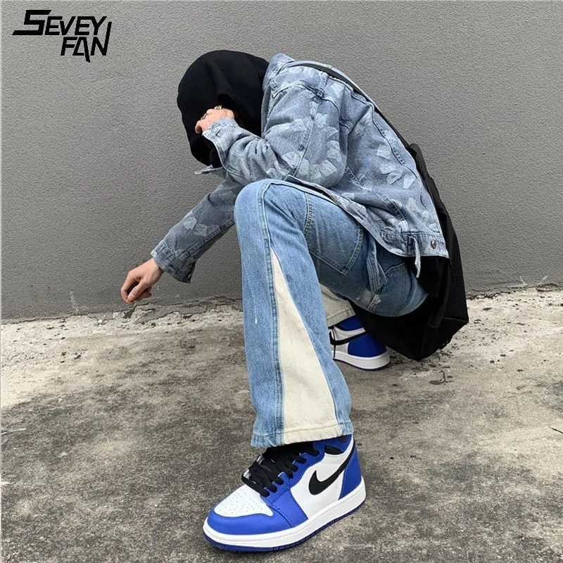Men Vintage Blue Flared Jeans Color Block Patchwork Hi Street Caro Jean Pants Hip Hop Streetwear Oversize Baggy Denim Trousers 211011