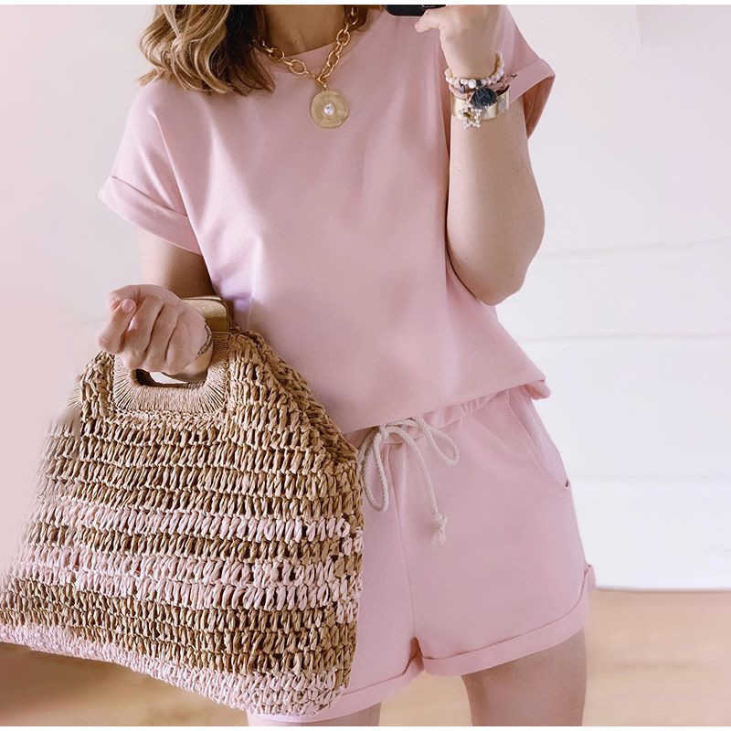 Solid Summer Women's Suit Two Pieces Tracksuit Short Sleeve Sports Suits Women Casual Tracksuits Elastic Waist Lady Set 210709