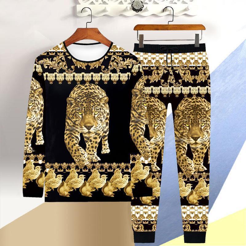 autumn and winter long-sleeved T-shirt men 3D tiger casual T-shirt trousers 2 piece clothes Chinese style dragon suit 201210