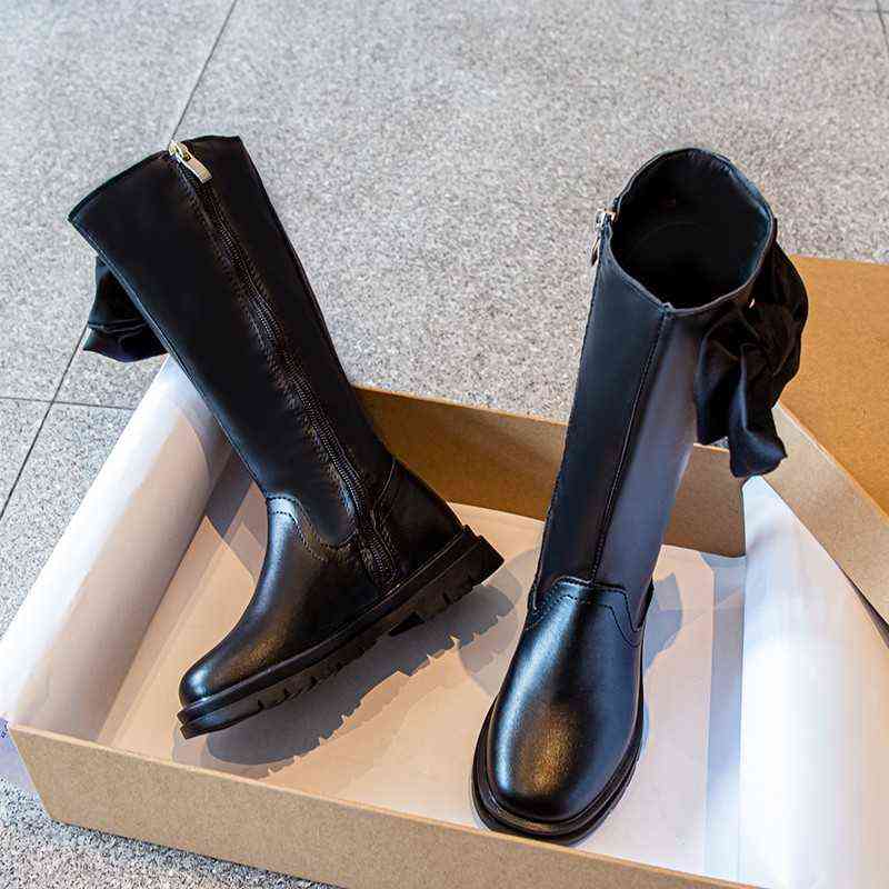 Kids Long Boots Knee Bowknot White Black Fashion Sweet Pu Leather Girl's Autumn Boot 26-36 Elegant Chic Comfy Children Shoes 211102