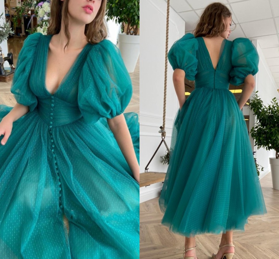 Hot Selling Tea Green Dotted Tulle Short Prom Dresses Puff Sleeves V Neck Tea Length Graduation Party Gowns Arabic Vestidos Longo Robe De Soiree, Blue
Hot Selling Tea Green Dotted Tulle Short Prom Dresses Puff Sleeves V Neck Tea Length Graduation Party Gowns Arabic Vestidos Longo Robe De Soiree, Blue