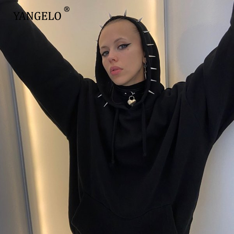 Yangelo Deranged Desire Spiked Hoodie Women Sweatshirt Fall Winter Black Punk Long Sleeve Loose Pullover Female Streetwear Top 200924