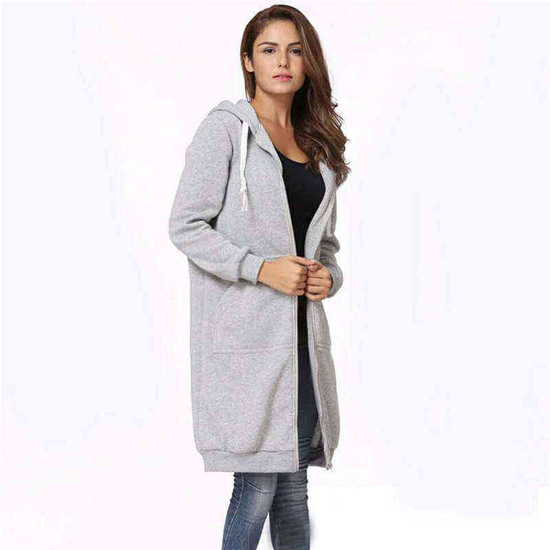 Autumn Casual Women Long Hoodies Sweatshirt Coat Zip Up Outerwears Hooded Jacket Winter Pockets Outwear Tops 211108