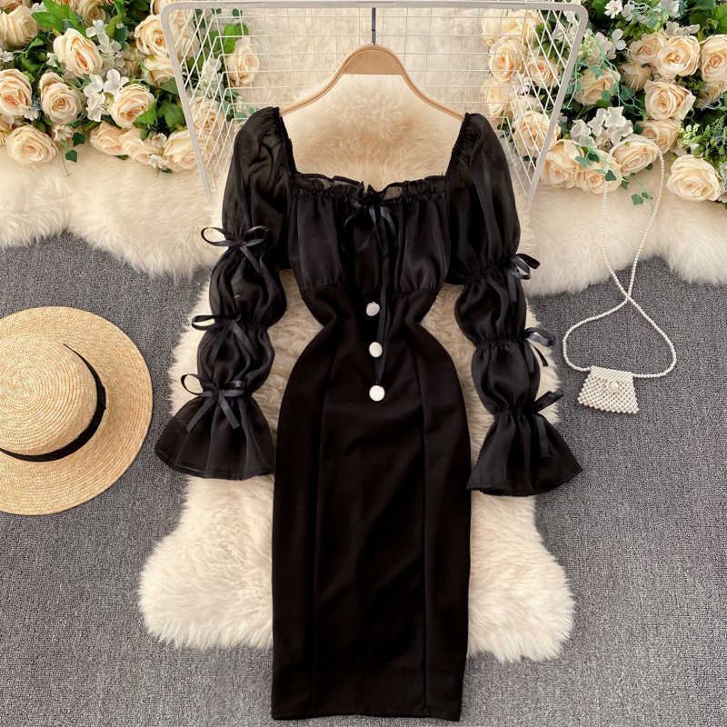 Women Fashion Autumn Winter Square Neck Long Flare Sleeve Slim Party Dress Casual Clothes Vestidos Q623 210527
