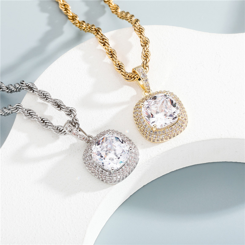Europe and America Fashion 18K Yellow Gold Plated Big Bling Round CZ Pendant Necklace for Men Women Necklace with 3mm 24inch Rope Chain
