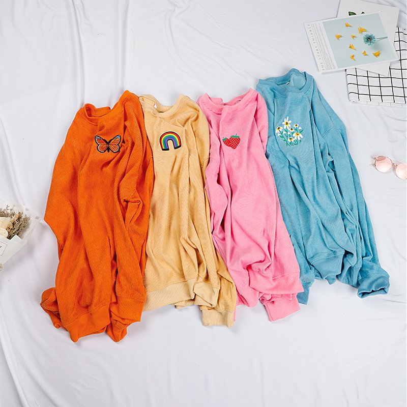 Autumn Printed Long Sleeve Sweatshirt Women Ribbed O-Neck Candy Colors Female Basic Sweatshirts Vintage Loose Lady Pullover LJ201103
