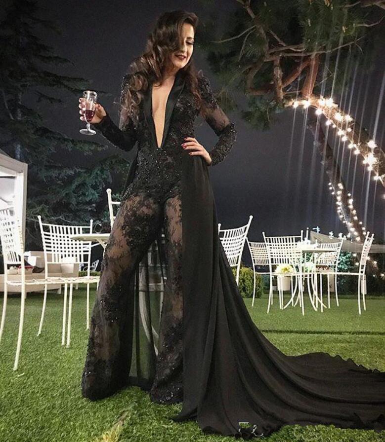 Sexy Deep V Neck Jumpsuit Evening Dresses with Detachable Train Lace Appliqued Beaded Black Formal Party Gowns Prom Dress Pants Suits