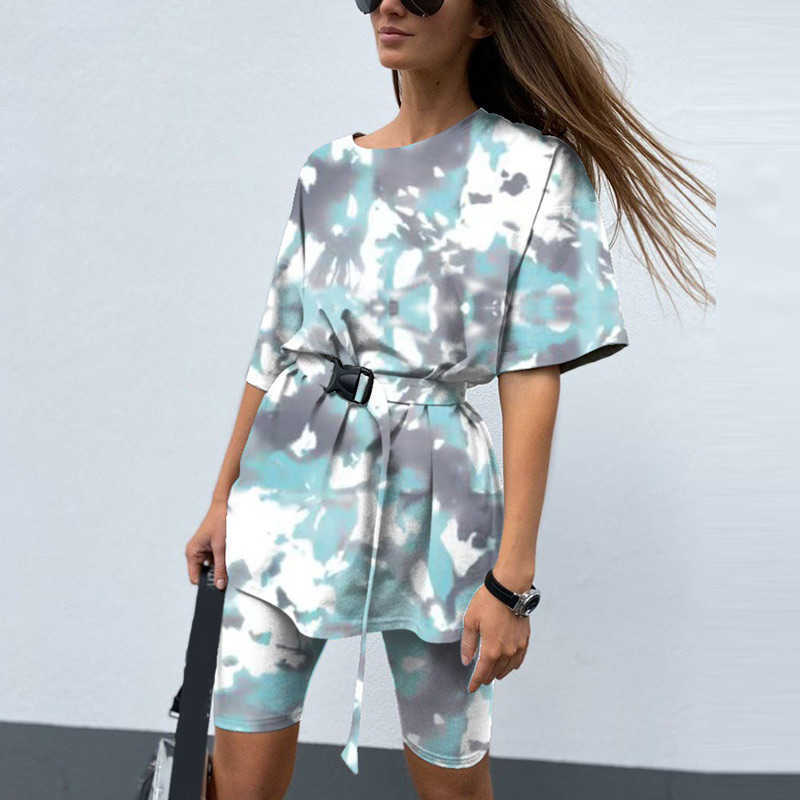 Casual Tie Dye Women Two Piece Sets With Belt Home Loose Sports Tracksuits Fashion Leisure Bicycle Suit Summer Clothing 210709