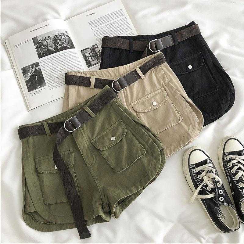 TIGENA Army Green Cotton Cargo Shorts for Women Summer Fashion Wide Leg Belt Pocket High Waist Shorts Female 210625