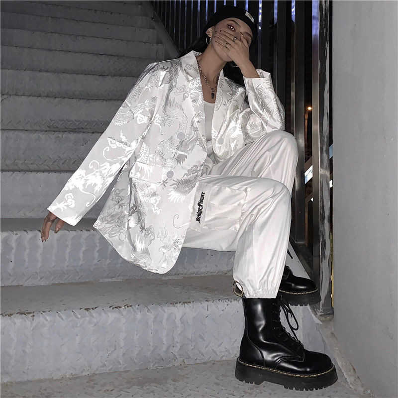 Gothic Vintage Women Jacket Long Sleeve Retro Silky Satin Blazer For Female Fashion Chinese Dragon Print White Outwears 210930