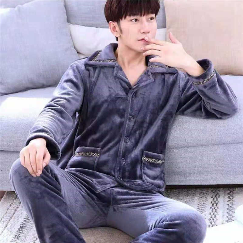 Winter Long Sleeve Pajamas Set For Men Thick Warm Flannel Pyjamas Suit Lounge Homewear Home Clothes Male Sleepwear 211014