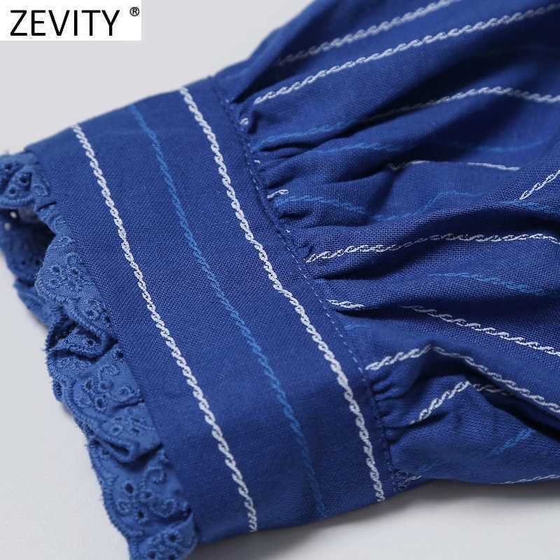 ZEVITY Women Vintage Striped Print Blouse Shirts Women Peter Pan Collar Lace Decoration Chic Office Femininas Blusas Tops LS9302 210603