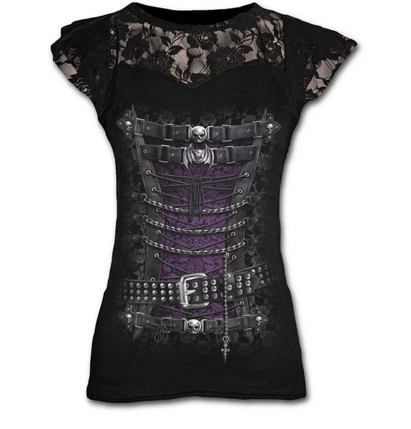Shirt Women Summer Fashion Gothic Style Short Sleeve Round Neck Skull Lace Tops Plus Size Multi-colored Female Shirts Pullovers 210306