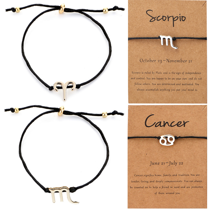 Black Wax Chain 12 Horoscope Bracelet Gold Silver Zodiac Symbol Bracelets Constellation Hand Chain for Women Men Brithday Nice Jewelry Gift with Paper