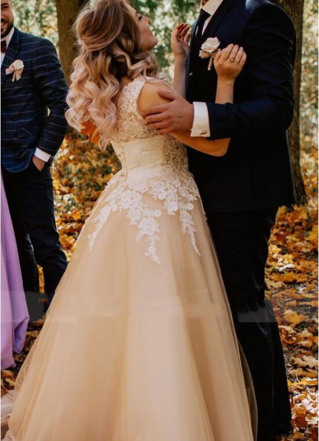 Elegant Plus Size Light Champagne Country Wedding Dresses A-e V-neck Sleeveless or Length Lace Appliques Long Tulle Bridal Gowns Back Corset Vestidos