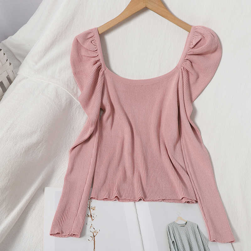Korobov Preppy Style Sweet Women Puff Sleeve Sweaters Pullovers Chic Sueter Mujer Korean Elegant Square Collar Jumper 210918