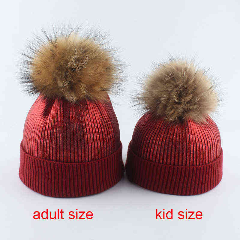 Wool Knitted Winter Hat For Kids Girls Boy Gold Silver Pink Black Metallic Print Beanie Real Fur Pompom 220105