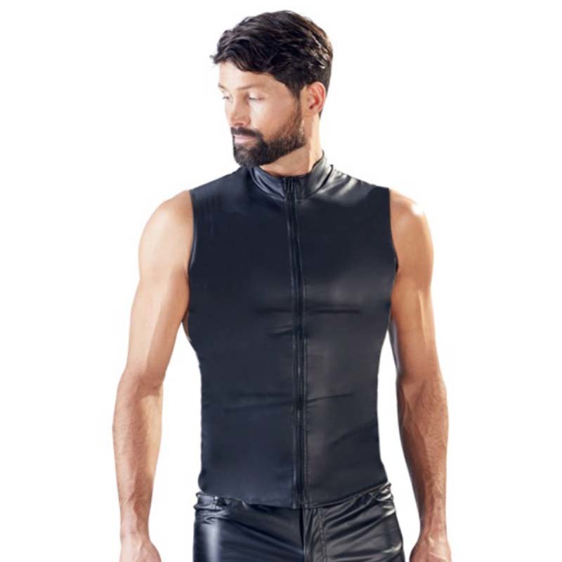 Mens Matt Leather Tank Tops Sexy Zipper Sleeveless Tops Man Stage Vest Sexy Party Clubwear 210308