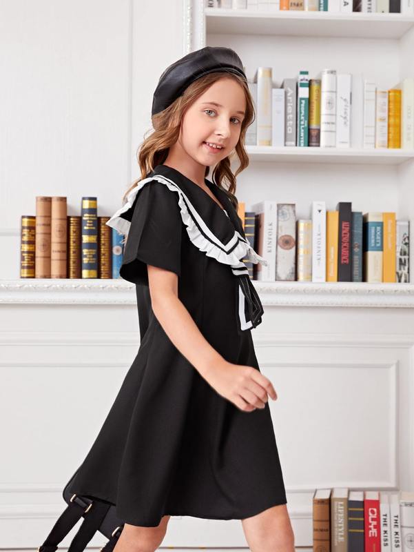 Girls Sailor Neck Tie Front Dress SHE