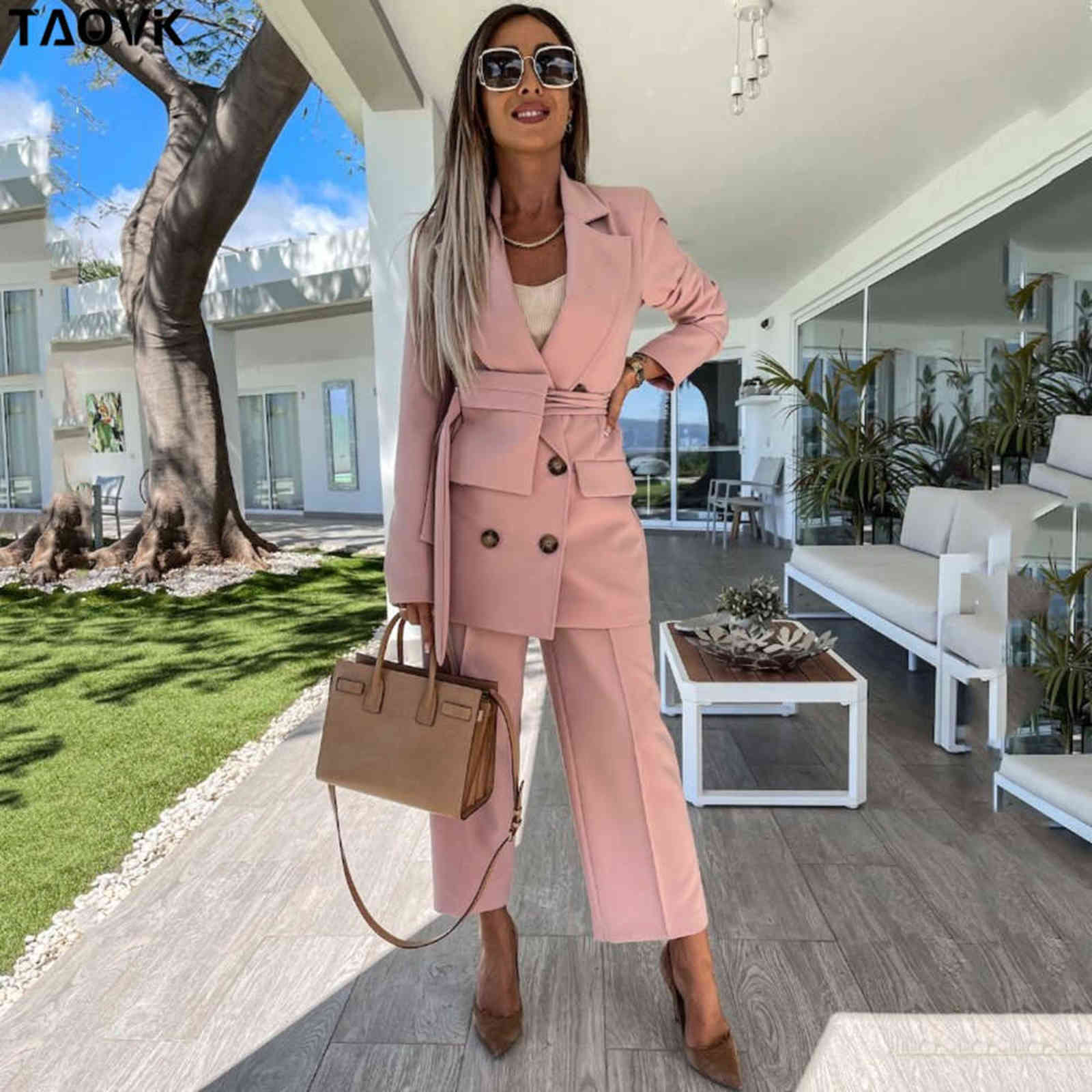 TAOVK Women office Pant Suit Double breasted Full Sleeve Blazers Jacket+Wide leg Pant Two Pieces Set Lady Outfits Work Clothes 211118
