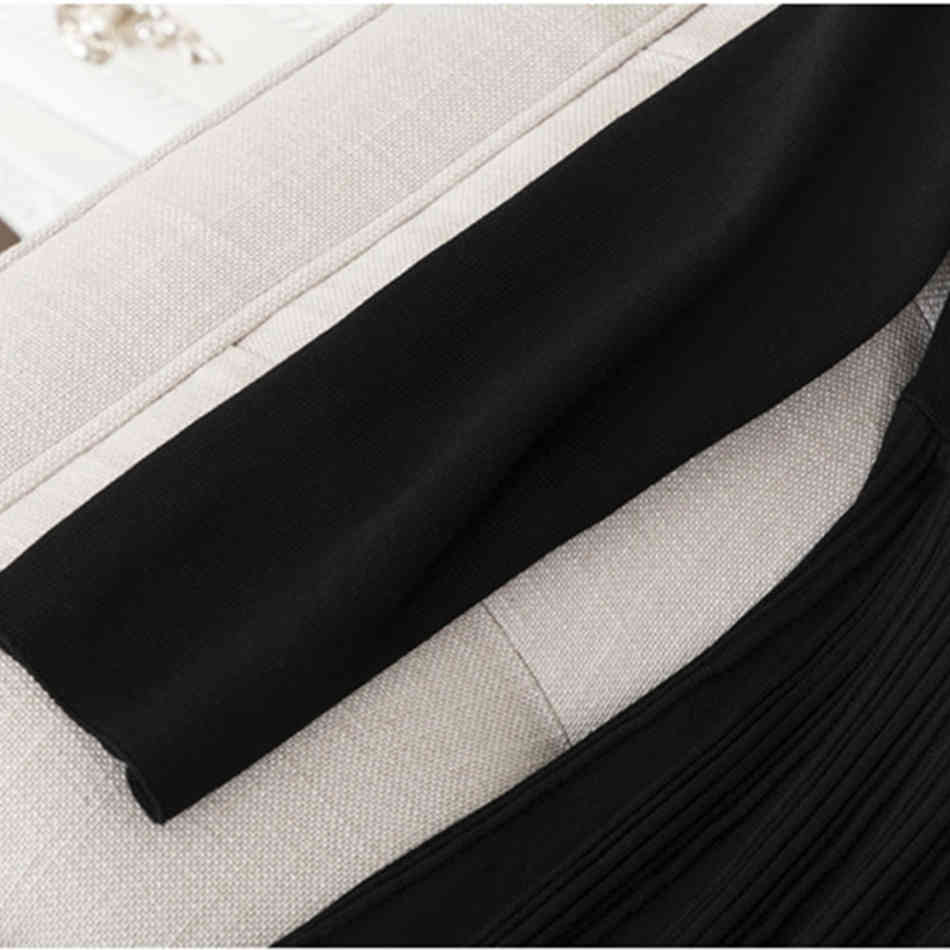 High Quality Women'S Dress Black Stretch Crystal Diamond Collar Long Sleeve Sexy A-Line Pleated Vestidos 210525